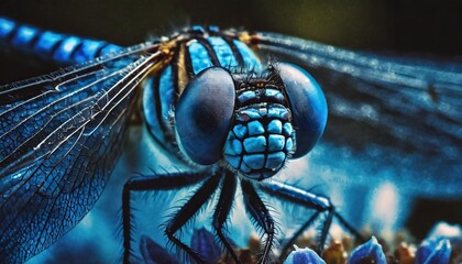 the mesmerizing gaze of a sapphire dragonfly up close look at the intricate face of a stunning blue dragonfly showcasing its vibrant colors and intricate details in extreme macro photography - Powered by Adobe