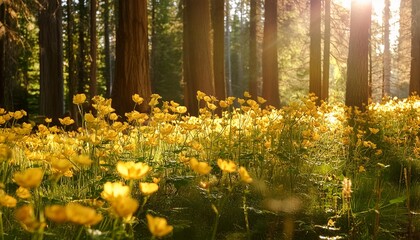 golden wildflowers basking in dappled sunlight in a serene forest setting