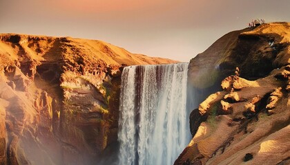 amazing icelandic landscape incredible view of famous skogafoss waterfall during sunset dramatic...