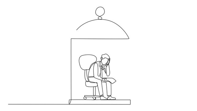 Animated self drawing of continuous one line drawing businessman trapped in cage sitting pensively holding paper. Failed business. Read the bankruptcy statement. Full length single line animation