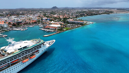 Caribbean Cruise Ship At Oranjestad In Caribbean Netherlands Aruba. Caribbean Cruise Ship. Downtown...
