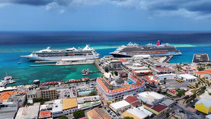 Port Of Aruba At Oranjestad In Caribbean Netherlands Aruba. Caribbean Cruise Ship. Downtown...