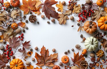 White Surface With Autumn Leaves and Acorns