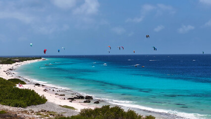 Kiteboarding Bonaire At Kralendijk In Bonaire Netherlands Antilles. Aquatic Sports. Beach...