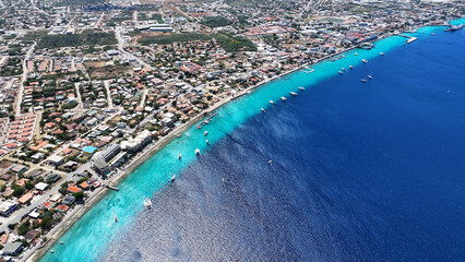 Caribbean Skyline At Kralendijk In Bonaire Netherlands Antilles. Island Beach. Blue Sea Landscape....