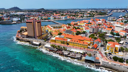 Curacao Skyline At Otrobanda In Willemstad Curacao. Caribbean Island. Downtown Skyline. Otrobanda At Willemstad Curacao. Floating Bridge Landmark. Colored Buildings.