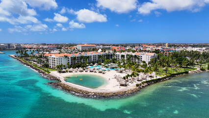 Aruba Skyline At Oranjestad In Caribbean Netherlands Aruba. Caribbean City. Downtown Skyline. Oranjestad At Caribbean Netherlands Aruba. Cityscape Landmark. Renaissance Buildings.