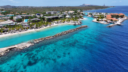 Caribbean Beach At Willemstad In Netherlands Curacao. Beach Landscape. Caribbean Island. Willemstad At Netherlands Curacao. Seascape Outdoor. Nature Tourism.