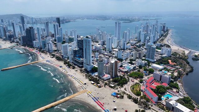 Bocagrande At Cartagena In Bolivar Colombia. High Rise Buildings Landscape. Downtown District. Cartagena At Bolivar Colombia. Touristic Attraction. Famous Walled City.
