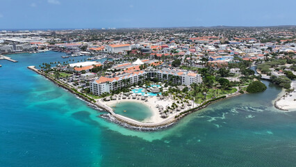 Beachfront Resort At Oranjestad In Caribbean Netherlands Aruba. Caribbean City. Downtown Skyline....