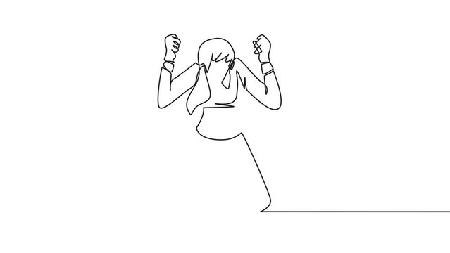 Self drawing animation of single one line drawing businesswoman kneeling like praying. Lost hope. Businesses will bankrupt if fail to get bona fide clients. Gesture of surrender. Full length animated