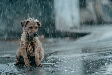 stray dog abandoned, hungry, and wet in the rain on the streets, seeking adoption