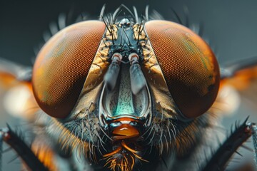 This image captures the remarkable complexity of a fly's face, focusing on the texture and pattern of the compound eyes