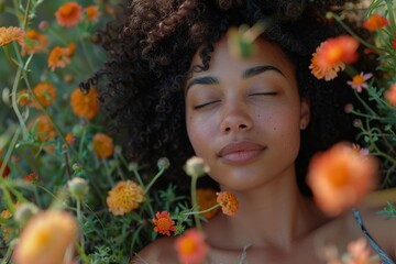 An overhead shot of a young woman laying among vibrant orange flowers with a serene expression