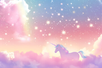 Holographic fantasy rainbow unicorn background with clouds and stars. Pastel color sky. Magical...
