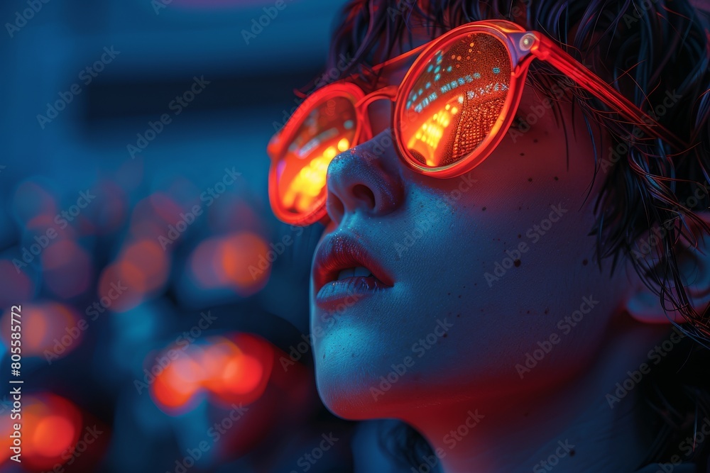 Poster abstract capture of a scene with intensely vibrant red and blue bokeh lights creating a dynamic back