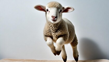 adorable baby sheep jumping in the air on white background
