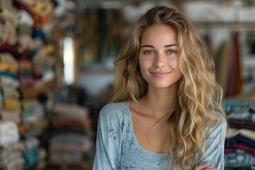 Fototapeta premium Cheerful young woman with curly blonde hair standing in front of various textiles in a shop, exuding positivity