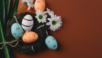 vibrant easter composition with decorated eggs and daisies on a bold orange background with copy space
