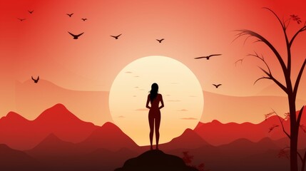 Woman Standing on Hill at Sunset