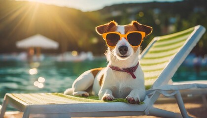 jack russell terrier dog with sunglasses sunbathing on sun lounger summer and vacation concepts generative ai