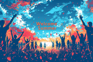 Dynamic festival scene celebrating summer with vibrant splashes of color and figures dancing, suitable for event promotions.