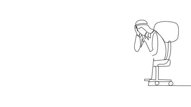 Animation of continuous line drawing sad Arab businessman sat limply in the chair. Pensively holding a piece of bill paper. The large of receivables, business will collapse. Full length motion