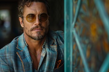 Fototapeta premium A dapper man wearing sunglasses and a sharp outfit exudes confidence while peeking out from an ornate patterned area