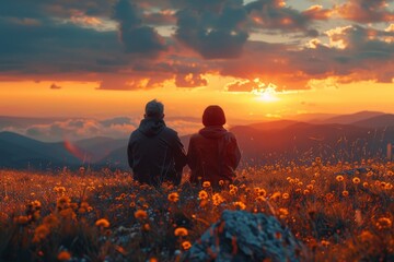 Obraz premium A heartwarming scene of a couple sitting closely together, enjoying an awe-inspiring sunset in a field of flowers