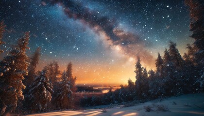 beautiful sunrise over snowy forest with an epic milky way on the sky - Powered by Adobe