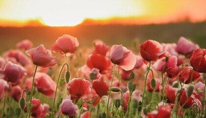 poppy meadow in the beautiful light of the evening sun spring sunset background