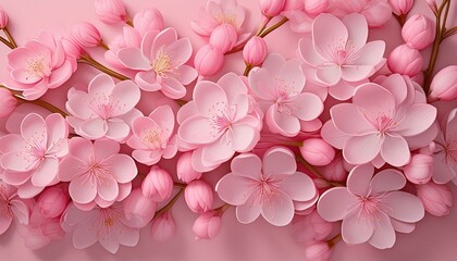 Vibrant pink cherry blossoms in full bloom, clustered tightly together with a light pink 