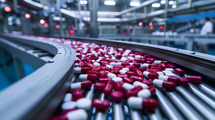 Obraz premium Industrial pharmaceuticals with colourful capsules on conveyor belt
