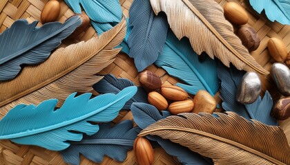 artistic 3d wallpaper blue and turquoise leaves gray feathers golden accents and oak nut wood wicker texture illustration vivid color and texture