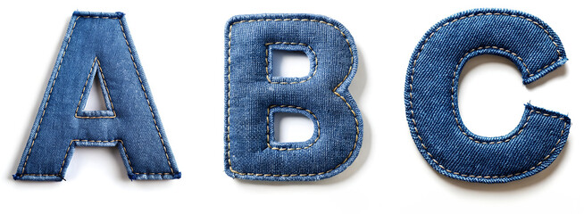 Letters A, B, C. Realistic Sewn Denim Fabric Alphabet..
