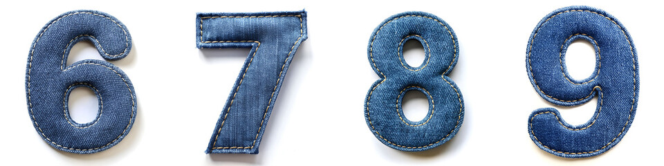 Numbers 6, 7, 8, 9. Realistic Sewn Denim Fabric Alphabet..