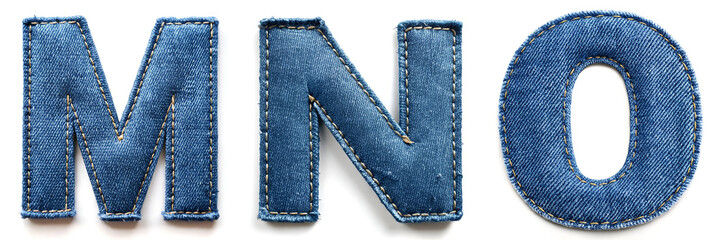 Letters M, N, O. Realistic Sewn Denim Fabric Alphabet..