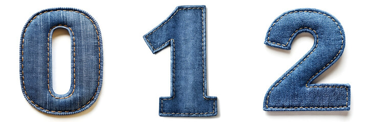 Numbers 0, 1, 2.  Realistic Sewn Denim Fabric Alphabet..