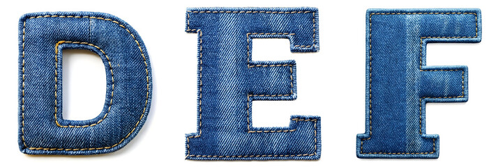 Letters D, E, F. Realistic Sewn Denim Fabric Alphabet..