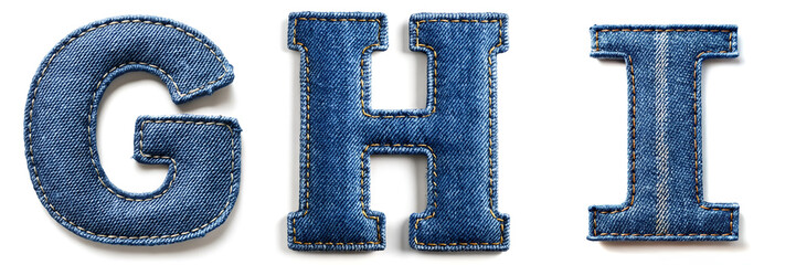 Letters G, H, I. Realistic Sewn Denim Fabric Alphabet..