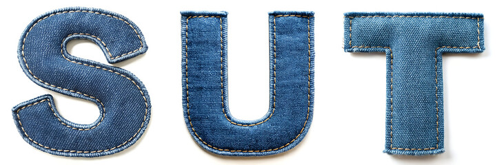 Letters S, T, U. Realistic Sewn Denim Fabric Alphabet..