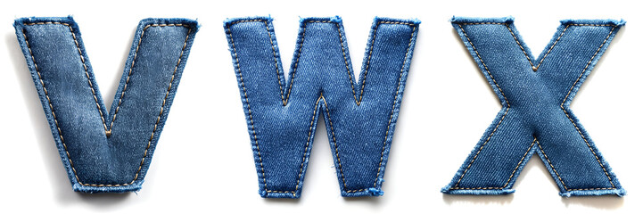 Letters V, W, X. Realistic Sewn Denim Fabric Alphabet..