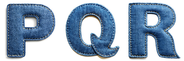 Letters P, Q, R. Realistic Sewn Denim Fabric Alphabet..