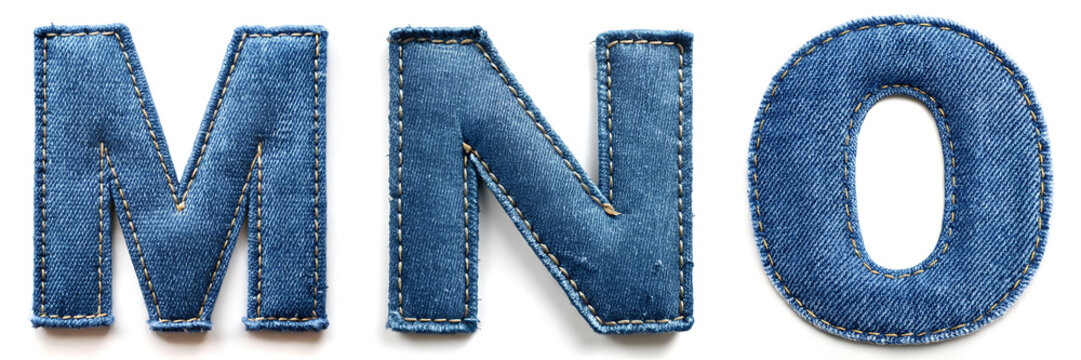 Letters M, N, O. Realistic Sewn Denim Fabric Alphabet..