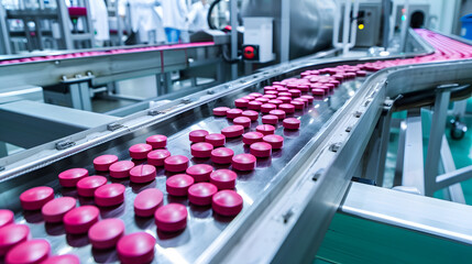 Fototapeta premium Industrial pharmaceuticals with colourful capsules on conveyor belt