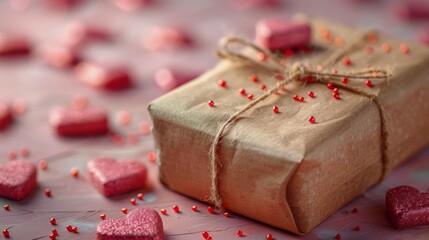 Present Wrapped in Brown Paper Surrounded by Hearts