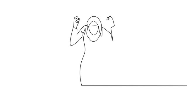 Animated self drawing of one line drawing Arabian businesswoman kneeling like praying. Lost hope. Businesses will bankrupt if fail to get bona fide clients. Full length single line animation