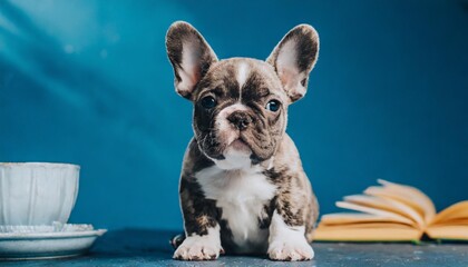 merle french bulldog dog puppy sitting in front of blue background