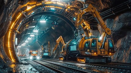 Design a dynamic CG 3D rendering of a high-tech underground tunnel system being built