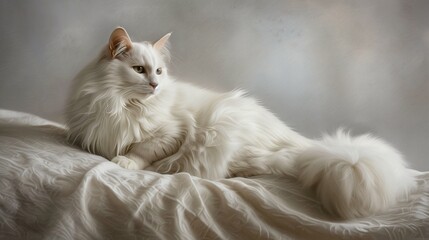 Serene Portrait of a White Tomcat on a Soft Grey Canvas, Highlighting Its Calm Demeanor and Flawless Fur